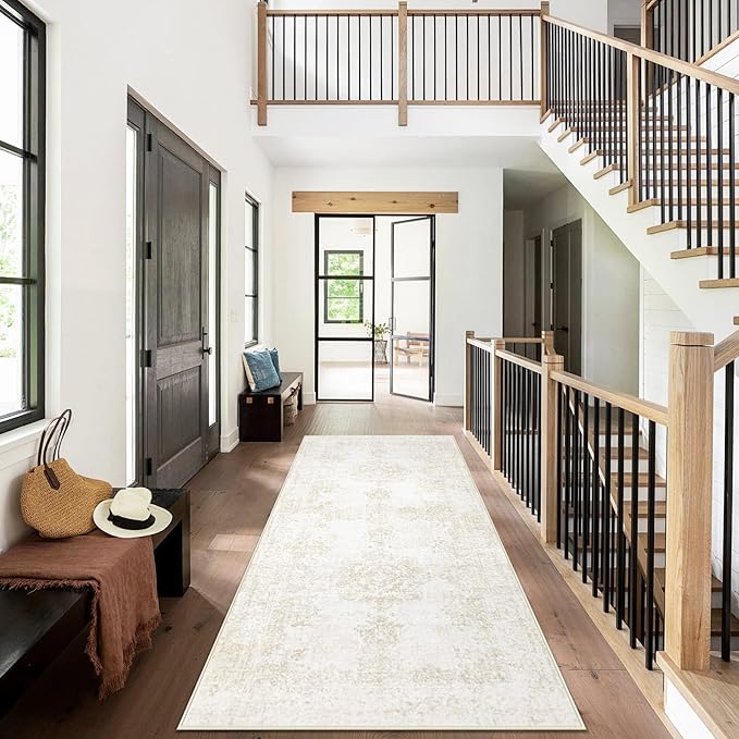 Runner Rug 2x6 Entryway Rug - Machine Washable Vintage Boho Area Rug Non-Slip Kitchen Runner Soft Stain Resistant Runners for Hallways Entryway Laundry Kitchen Bathroom Bedroom(Ivory, 2'x6')