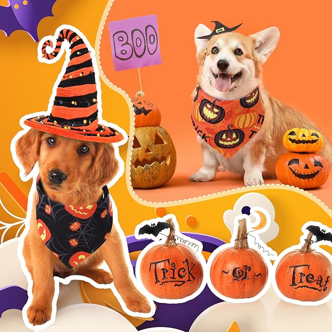 Abbylike 50 Pcs Halloween Dog Bandanas Bulk Pumpkin Bandanas for Dogs Triangle Kerchief Bibs Scarf Set for Pet Halloween Costume Photo Props Accessories Pet Shops, 25 Styles (31.5 x 21.7 x 21.7")