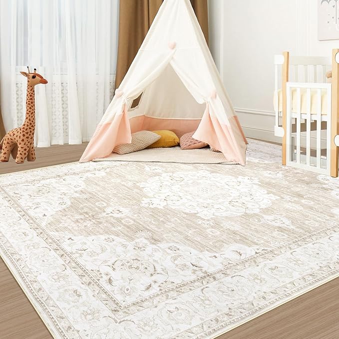 Vintage Living Room Area Rug - 5x7 Large Machine Washable Boho Moroccan Rug Distressed Farmhouse Rugs for Bedroom - Soft Non-Slip Indoor Carpet for Dining Room Office Nursery(Boho Beige, 5'x7')