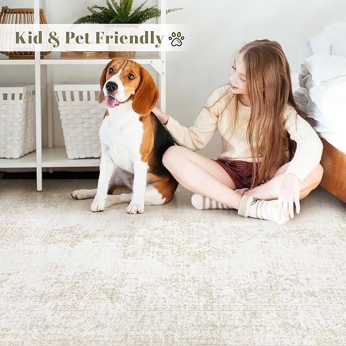 Vintage Living Room Area Rug - 9x12 Large Machine Washable Boho Moroccan Rug Distressed Farmhouse Rugs for Bedroom - Soft Non-Slip Indoor Carpet for Dining Room Office Nursery(Ivory, 9'x12')