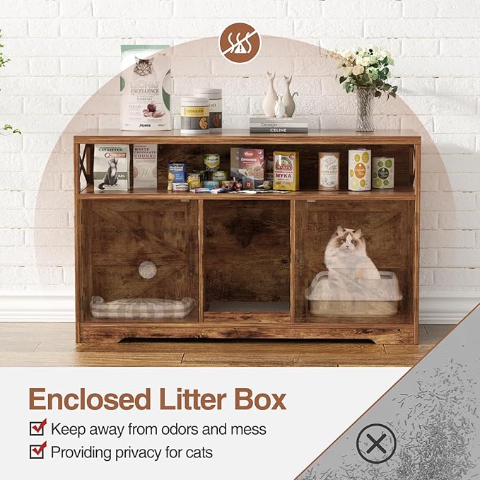 Cat Litter Box Enclosure for 2 Cats, 47" Double Hidden Litter Box Furniture with Scratch Pad, Farmhouse Indoor Litter Box Cabinet Cat Washroom, Rustic Brown