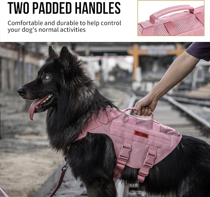 OneTigris Tactical Dog Harness for Small Dog, No Pull Small Dog Vest Harness with Handles Breathable Military Dogs Molle Vests for Walking Hiking Training (Pink, Medium)