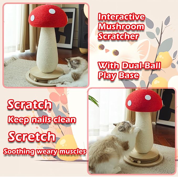 Cat Scratching Post Mushroom Cat Tree with Natural Sisal, Weighted Base & Interactive Ball - for Kittens to Adult Cats - Perfect for Indoor Cats (Red, Large 21 in, 7)