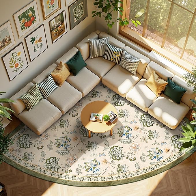 jinchan Elora Floral Corner Rug for Living Room Washable Bedroom Rug Vintage Romance Design Non Slip Quarter Circle Lightweight Low-Pile Throw Carpet for Reading Nook Playroom,8ft Radius, Green/Beige