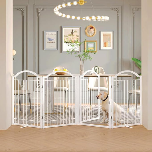 BHG Metal No-Assembly Freestanding Dog Gate with Door Walk Through, Extra Wide 96", Extra Tall 32" Pet Gate, Accordion Puppy Folding Playpen Dog Fence, with 2PCS Support (White, 4 Panels)