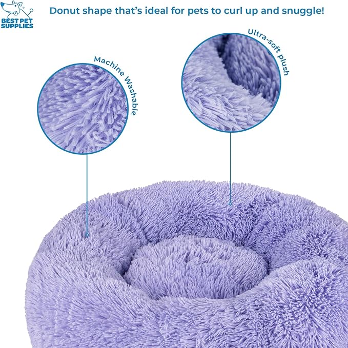 Best Pet Supplies Round Donut Dog Bed with Plush Faux Fur Fabric, Calming, Anti-Anxiety Cushion for Indoor Pets, Slip-Resistant Base, Soft Ergonomic Support - Lavender, 24x24x7''