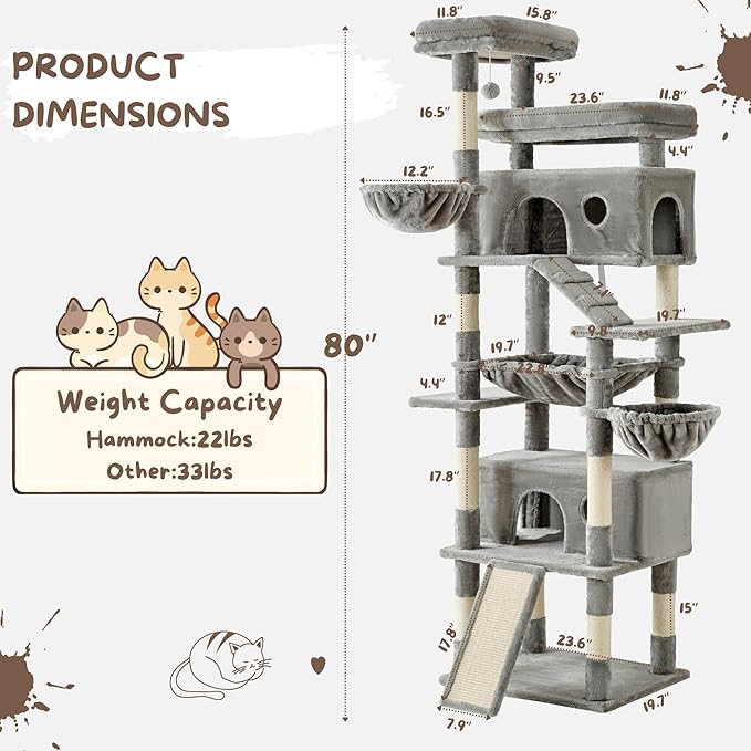Cat Tree, 80-Inch Large Cat Tower with 9 Scratching Posts, 2 Perches, 2 Caves, 2 Basket, 2 Stairs, Extra Large Hammock, Pompoms, Multi-Level Plush Cat Condo for Indoor Cats/Light Grey