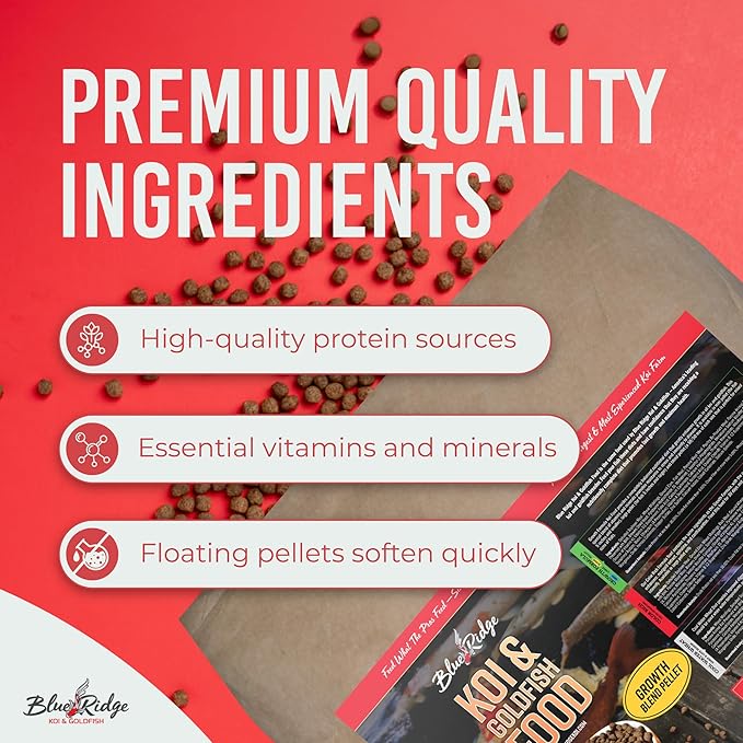 Blue Ridge Koi Fish Food 50lb - Koi Food 3/16” Large and Mini Blend Growth Formula, Goldfish Food, Premium Fish Food for Ponds, Ponds Fish Food, Floating Pond Pellets
