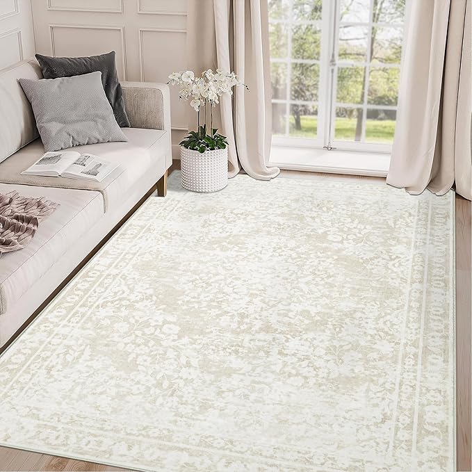 Area Rug 4x6 Entryway Rugs - Machine Washable Vintage Boho Area Rug Non-Slip Bedroom Rugs Soft Stain Resistant Living Room Carpet, Floral Distressed Rug for Dining Room Office(Cream Beige, 4'x6')