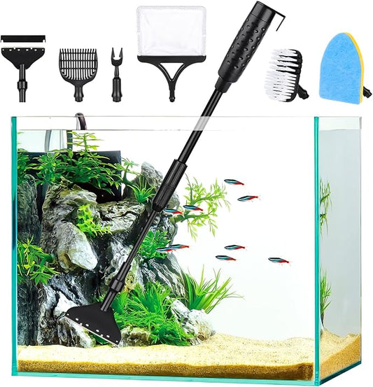 AQQA Aquarium Cleaning Tools Multifunctional 6-in-1 Fish Tank Cleaning Kits with Telesopic Handle Alage Scraper Sponge Scrubber Stiff Brush Plant Fork Gravel Rake Fish Net