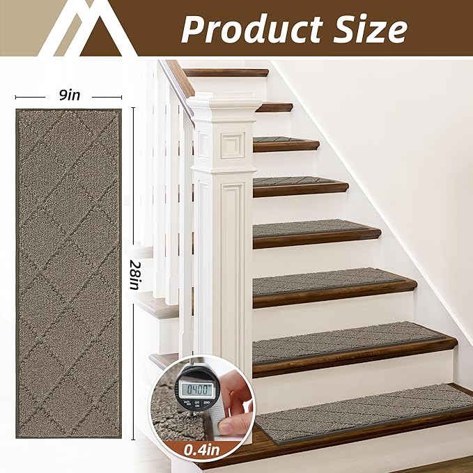 COSY HOMEER Stair Treads for Wooden Steps 9"x28" Washable Indoor Carpet Stair Treads Non Slip Soft Polyester Stair Carpet Tread Reusable Stair Runner Rugs for Kids, Elders,Pets,Light Brown,7pcs