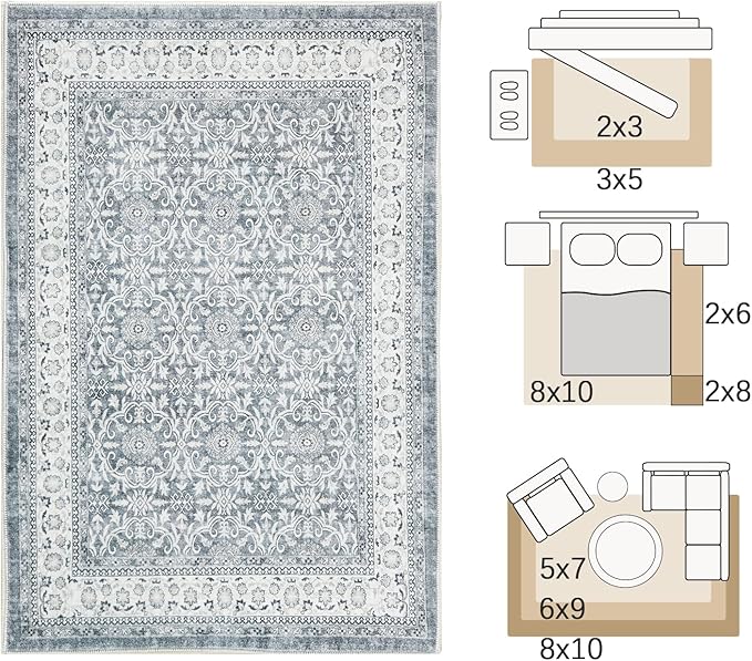 jinchan Floral Area Rugs 4x6 - Machine Washable Vintage Distressed Boho Design Throw Rug Stain Resistant Carpet Low Pile Ultra-Thin Non-Slip for Bedroom Living Room Dining Room Kitchen (4‘x6', Grey)