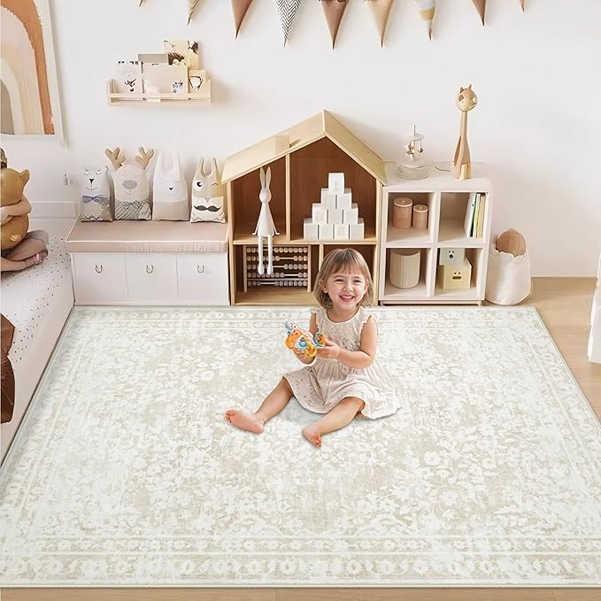 Area Rug 3x5 Entryway Rugs - Machine Washable Vintage Boho Area Rug Non-Slip Kitchen Rugs Soft Stain Resistant Indoor Door Mat, Small Floral Throw Rug for Entrance Hallway Bedroom(Cream Beige, 3'x5')