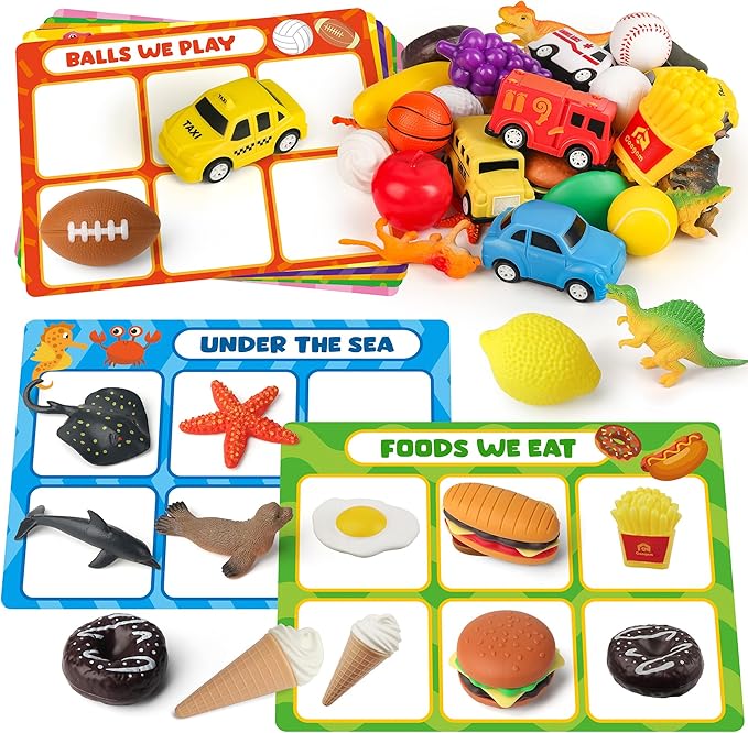 Coogam Sorting Toy for Toddlers, Animals Dinosaurs Fruits Vehicles Foods Fishes Balls Farm Playset, Fine Motor Montessori Game Preschool Educational Learning Gift for Year Old Kids