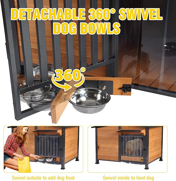Chew-Resistant Dog House with Metal Frame, Wooden Kennel for Indoor & Outdoor Use, Waterproof Roof & Feeding Bowls Included (Wood, L-in)
