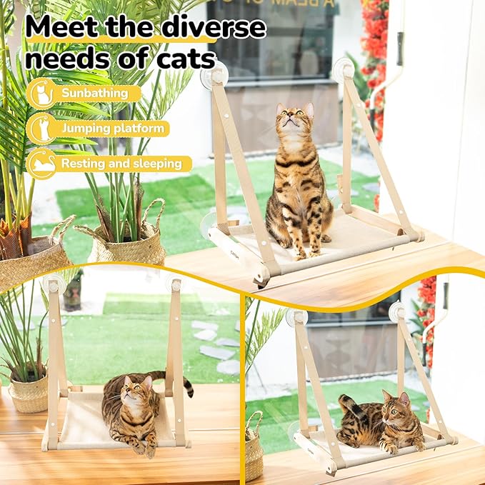 CATISM Cat Window Perch - Foldable Cat Hammock for Window, Soft Seat Machine Washable, Solid Wood Frame, 4 Suction Cups, Cats Window Hammock Load Weight Up to 40lbs