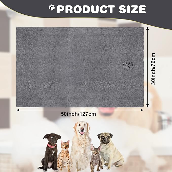 Chumia 4 Pack Dog Towels for Drying Large Microfiber Grooming Tools Absorbent Soft Bath Supplies with Embroidered Paw for Small Medium Pet Products(30 x 50 Inch,Gray)