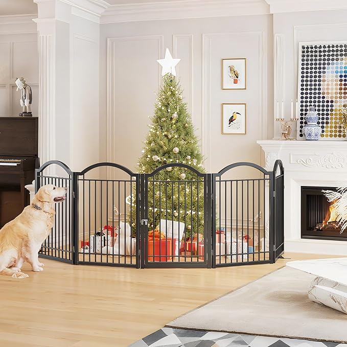 BHG Metal No-Assembly Freestanding Dog Gate with Door Walk Through, Extra Wide 120", Extra Tall 32" Pet Gate, Accordion Puppy Folding Playpen Dog Fence, with 2PCS Support (Black, 5 Panels)