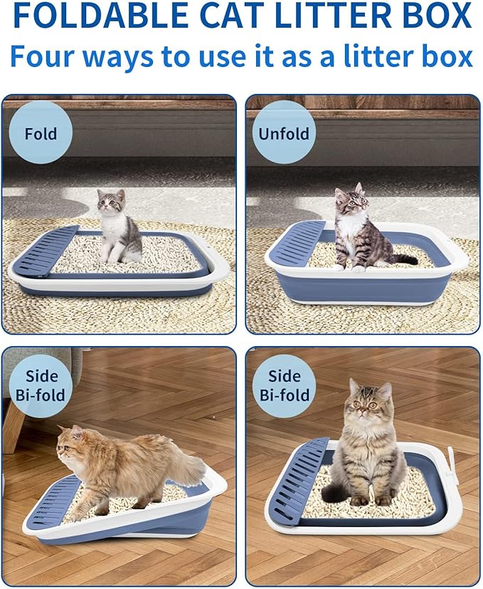BNOSDM Collapsible Small Cat Litter Box for Kittens Open Potty Pan Foldable Cat Toilet with Scoop Senior Kitty Travel Shallow Litters Boxes Anti-Splash Waterproof Blue 17.7"×13.4"