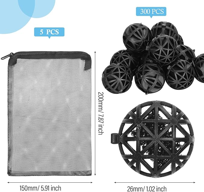 CHENGU 300 Pieces Black Bio Balls for Aquarium 1.02 Inch Internal Bioballs with 5 Pieces Aquarium Filter Media Bags with Zipper for Fish Tank Pond