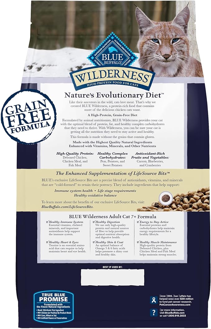 Blue Buffalo Wilderness Natural Mature Dry Cat Food for Cats 7+ Years, High-Protein and Grain-Free Diet, Supports Immune System Health and Energy to Stay Active, Chicken, 5-lb. Bag