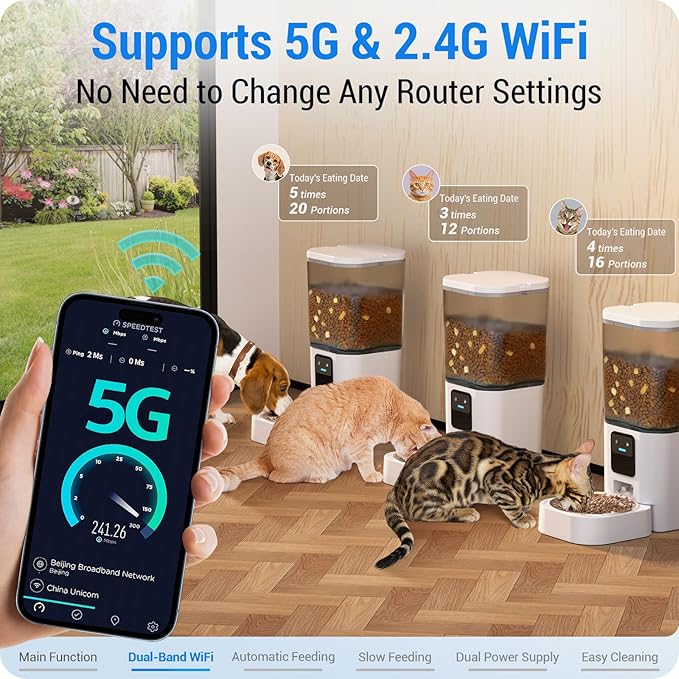 Automatic Cat Feeder with Slow Feed: 5G WiFi Automatic Dog Feeder with Smart APP Control, Auto Cat Food Dispenser with Alexa for Multiple Pets, Detachable for Easy Cleaning - 29 Cup（7L）