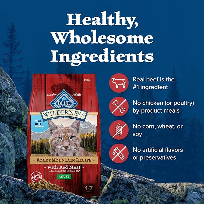 Blue Buffalo Wilderness Adult Dry Cat Food, Rocky Mountain Recipe, Chicken-Free & Grain-Free Recipe Made with Natural Ingredients, Red Meat, 10-lb Bag