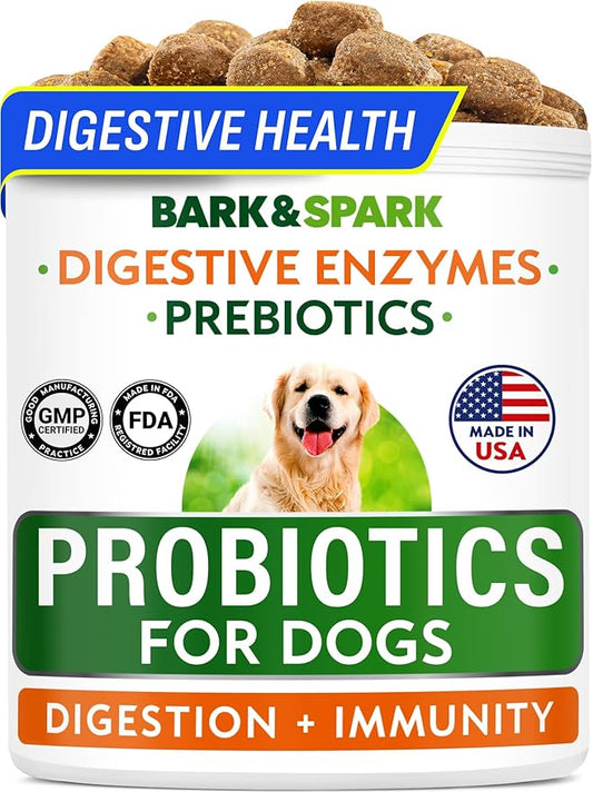 BARK&SPARK Dog Probiotics for Digestive Health w/Enzymes - Diarrhea Gas Treatment Upset Stomach Relief - Allergy & Itchy Skin - Pet Probiotics for Dogs - Digestion Supplement Treat (120Ct Chicken)
