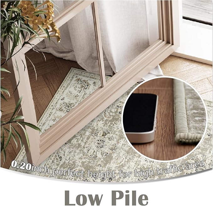 jinchan Fiora Washable Area Rug 8x10 for Living Room - Soft Faux Wool Ultra-Thin Stain Resistant Non-Slip Distressed Vintage Floral Large Carpet for Bedroom, Home Office, Nursery(Taupe, 8'x10')