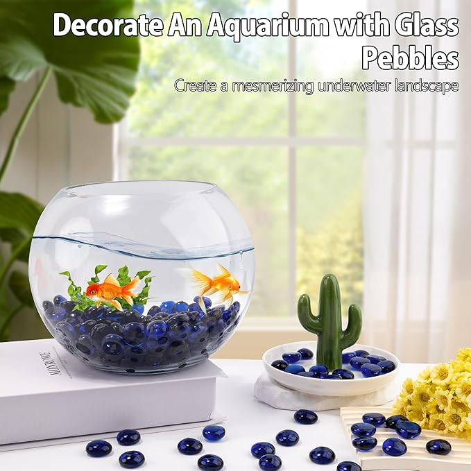 Blue Glass Marbles, 0.97 LB Transparent and Smooth Flat Glass Beads for Vases, Mosaic Gem Pebbles for Aquarium Decor, Floral Arrangements, Mancala Stones, Vase Filler and Crafts (Approx. 80-100 PCS)