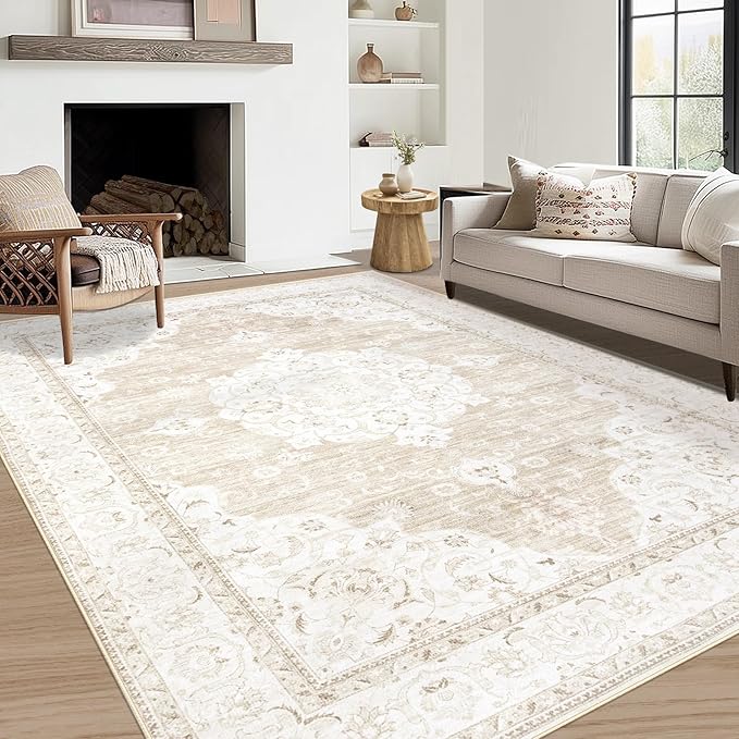 Vintage Living Room Area Rug - 5x7 Large Machine Washable Boho Moroccan Rug Distressed Farmhouse Rugs for Bedroom - Soft Non-Slip Indoor Carpet for Dining Room Office Nursery(Boho Beige, 5'x7')