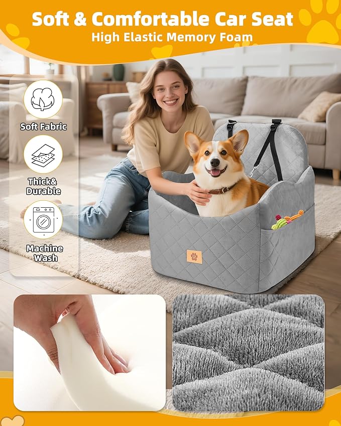 Car Seat Booster for Dog: High-Support Memory Foam Pet Car Seat for Small/Medium Dogs Under 35lbs with Elevated Cushion - Detachable Washable Puppy Travel Bed for Driving with Pockets (Grey)