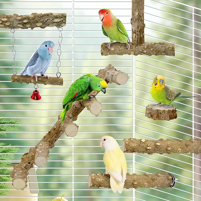 BNOSDM Natural Wood Bird Ladder Perch 6Pcs Parrot Stand Branches Climbing Chewing Stick Parakeet Swing Toys Cage Accessories Paw Grinding Fork Sets for Lovebirds Cockatiels Conure Budgies