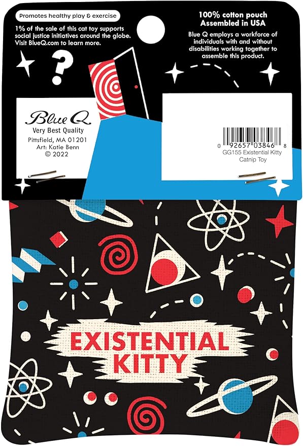 Blue Q Existential Kitty Catnip Cat Toy. Premium Organic Catnip Grown in The USA, 100% Cotton Pouches, Kitty Graphics Sure to Delight Every Cat-Keeper.