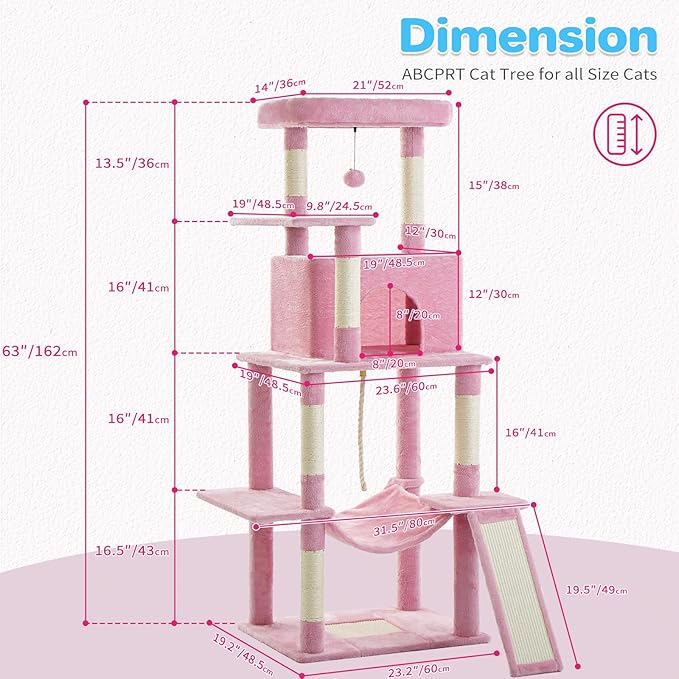 Cat Tree Tower 63in Multi-Level Cat Tower for Indoor Cats with Sisal Scratching Posts, Condo, Hammock, Dangling Ball and Extended Platform for Cats to Play, Pink
