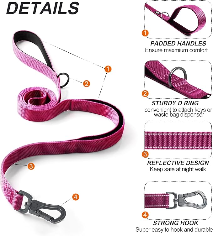 TwoEar 4FT 1IN Strong Rose Dog Leash with 2 Padded Handles, Traffic Handle Extra Control, Comfortable Soft Dual Handle, Auto Lock Hook, Reflective Walking Lead for Small Medium and Large Dogs