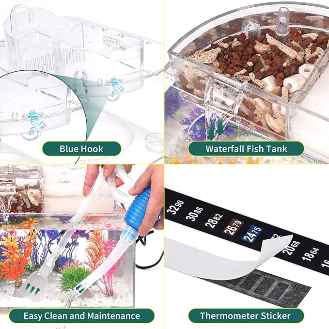 Betta Fish Tank Kit, 2.5 Gallon Aquarium Self-Cleaning with LED Light, Filter, Heater, Decorations and Accessories - Ideal for Hydroponic Growing System and Aquaponics