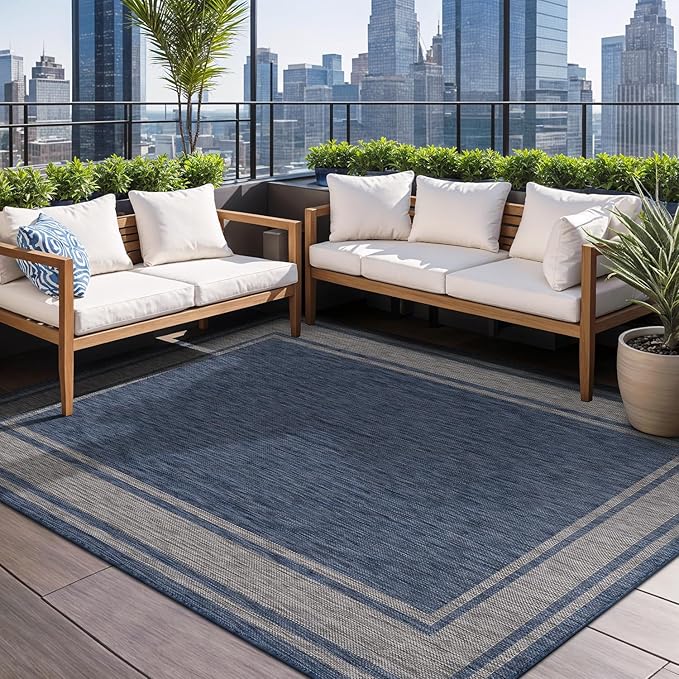 Beverly Rug Outdoor Rug 5x7 Modern Bordered Area Rugs for Indoor and Outdoor Patio Deck Porch Garden Waterproof Weather Sun Resistant Washable Outside Carpet (5 x 7 Navy)