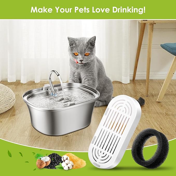 Cat Water Fountain Filters, 3 Pack Replacement Filters & Replacement Pre-Filter Sponges for Stainless Steel Pet Fountain with Water Level Window, Fountain Carbon Filters for Dog Water Dispenser Bowl