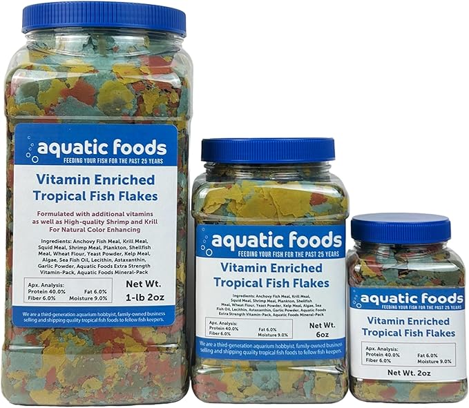 Aquatic Foods Inc. Premium Vitamin Enriched Tropical Fish Flakes, Vitamin Pack, Krill, Color Enhancing, Spirulina Flakes for All Tropical Fish Also Pellet Mix, Wafer Mix Included…2oz