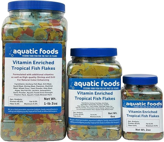 Aquatic Foods Inc. Premium Vitamin Enriched Tropical Fish Flakes, Vitamin Pack, Krill, Color Enhancing, Spirulina Flakes for All Tropical Fish Also Pellet Mix, Wafer Mix Included…2oz
