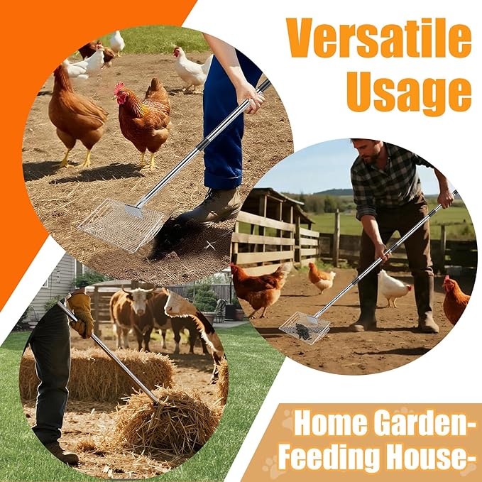 Chicken Poop Scooper with Stainless Steel Handle,24" to 68" Adjustable Length Chicken Coop Litter Scoop,4 in 1 Multifunctional Heavy Duty Litter Sifting Shovel Chicken Coop Accessories