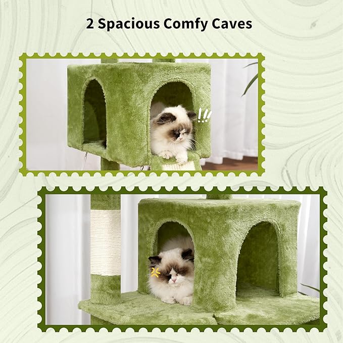 Cat Tree for Indoor Cats, 71'' (180cm) Multi-Level Cat Tower for Large Adult, Sturdy Cat Tree House with 2 Scratching Boards 7 Posts, 2 Plush Perches/Condos, Hammock, Green GCT032GR
