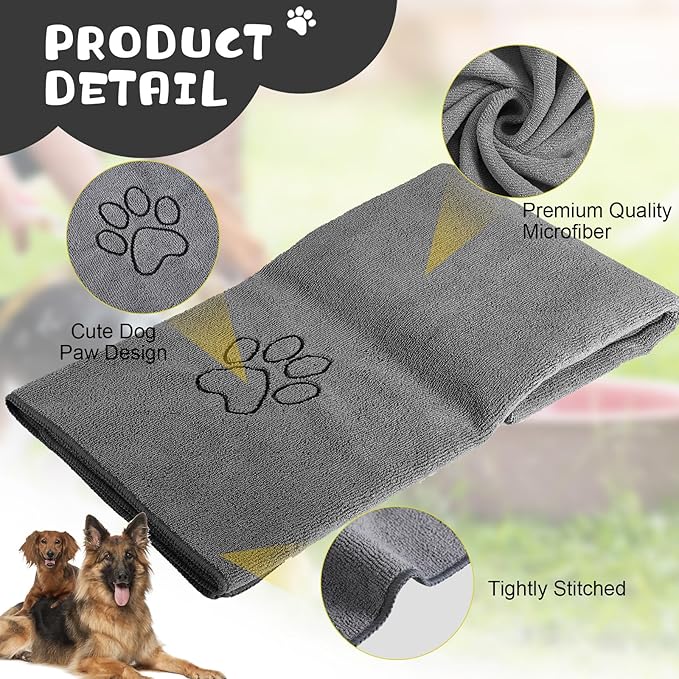 Chumia 4 Pack Dog Towels for Drying Large Microfiber Grooming Tools Absorbent Soft Bath Supplies with Embroidered Paw for Small Medium Pet Products(16 x 32 Inch,Gray, Black)