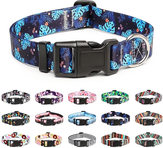 Mercano Adjustable Dog Collar - Special Design Patterns, Soft Nylon Comfortable Durable Pet Collar for Small Medium Large Dogs (S, Monstera)