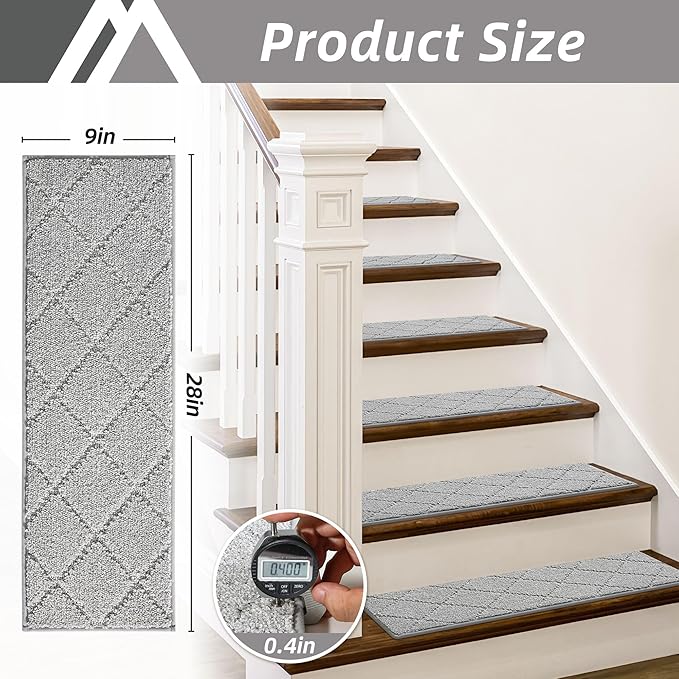COSY HOMEER Edging Stair Treads Non-Slip Carpet Mat 28inX9in Indoor Stair Runners for Wooden Steps, Edging Stair Rugs for Kids and Dogs, 100% Polyester TPE Backing (4pc, Grey)