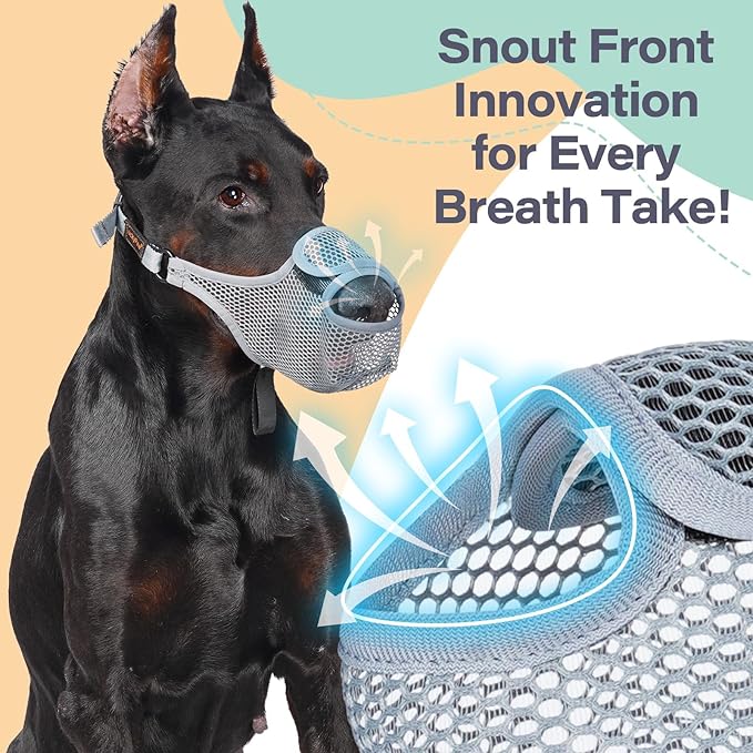 LUCKYPAW Dog Muzzle for Large Medium Small Dogs, Patented Mesh Muzzle to Prevent Biting Chewing Eating, Soft Mouth Guard with Front Opening Design for Drinking Panting(Grey, M)