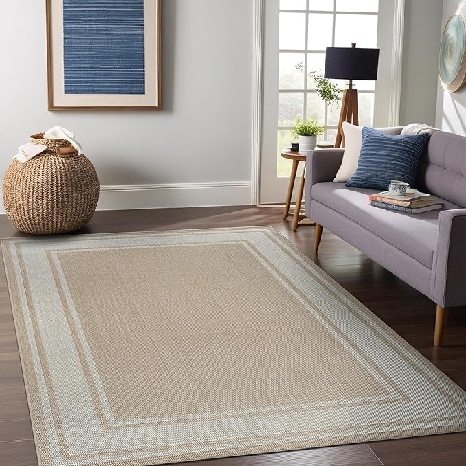 Beverly Rug Outdoor Rug 6x9 Modern Bordered Area Rugs for Indoor and Outdoor Patio Deck Porch Garden Waterproof Weather Sun Resistant Washable Outside Carpet (6 x 9 Beige)