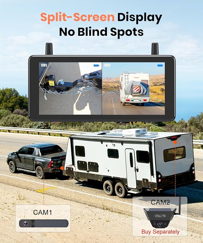 AUTO-VOX 7.2" DVR Portable Solar Wireless Backup Camera:HD 1080P 2 Min Quick Installation Support 2 Split Screen Back up Camera, IP69K Waterproof Reverse Camera for Car, Van, SUV, Truck, Trailer