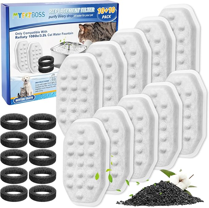 Cat Fountain Filter Replacement, Cat Water Fountain Filters Compatible with Rellaty & Fit for Neareal 3.2L/108oz Fountains, 10PCS Replacement Filters with 10PCS Sponge 10+10 Pack
